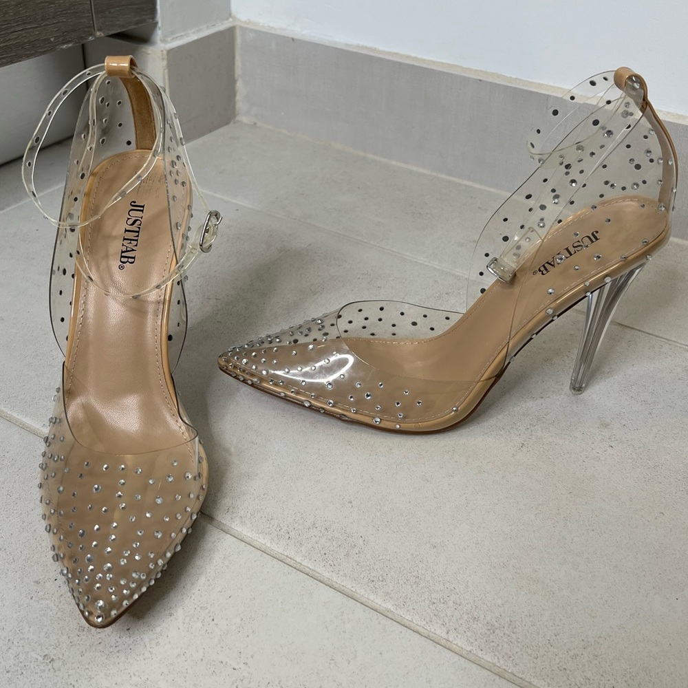 NEW JUSTFAB Mika Embellished Clear Pumps with Rhinestones